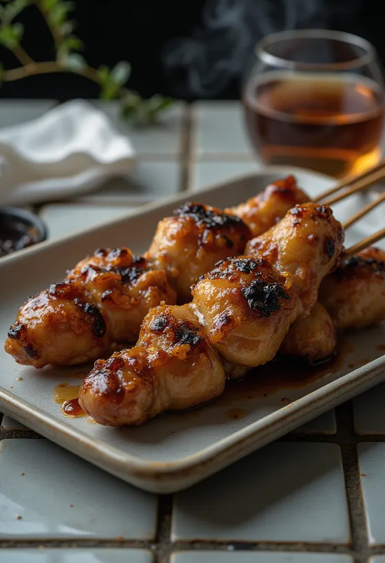 Tebamoto yakitori kyllingevinge-skulder på pind, serveret med sesamfrø og friske grønne løg