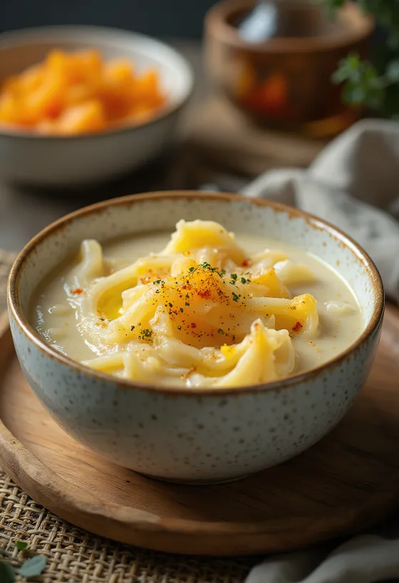 Cremet squashstuvning med dild og creme fraiche, serveret med en frisk, sprød bolle.