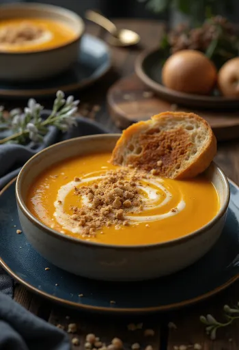 Cremet græskarsuppe serveret med ristede græskarkerner og frisk persille