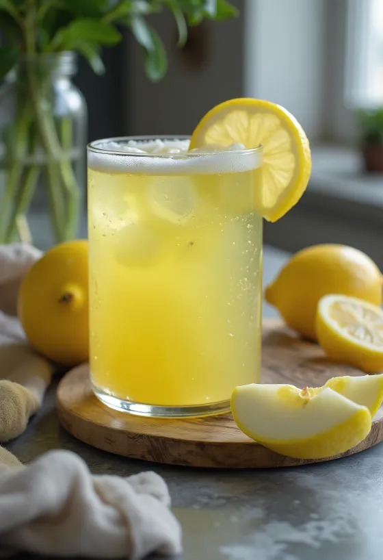 Æble-citron juice i højt glas, pyntet med friske æble- og citronskiver