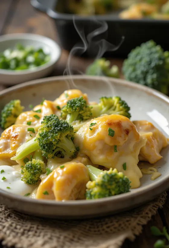 Kyllingegratin med broccoli, saftig kyllingebrystfilet og smeltet ost på toppen