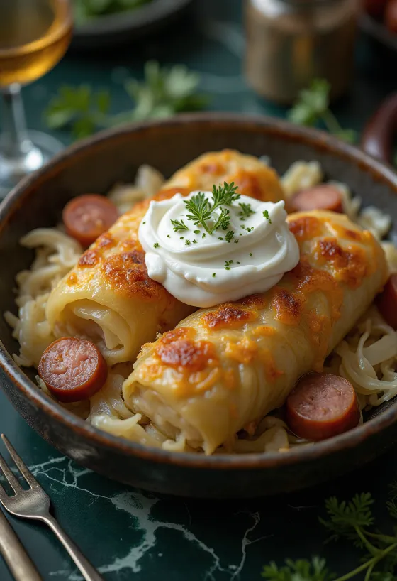 Ungarske kåldolmere serveret med creme fraiche