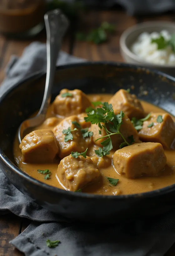 Oksekøds Korma serveret i rig, cremet sauce, pyntet med frisk koriander.