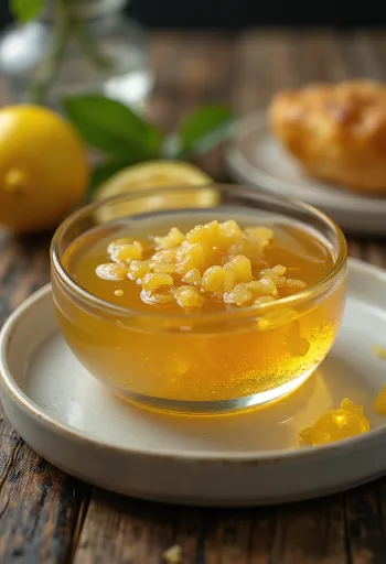 Honning-citron glasering med ingefær i en skål, pyntet med citronskiver og ingefær.