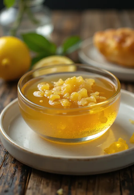 Honning-citron glasering med ingefær i en skål, pyntet med citronskiver og ingefær.