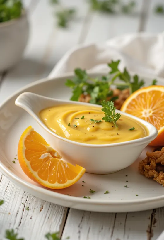 Appelsin-sennepssauce serveret