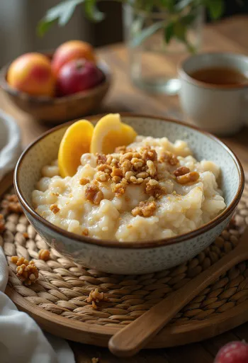 Havregrød med tapioka serveret med friske jordbær, ferskner og drysset med hakkede valnødder