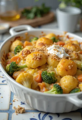 Grøntsagsgratin med møre bagte grøntsager, cremet sauce og smeltet ost på toppen