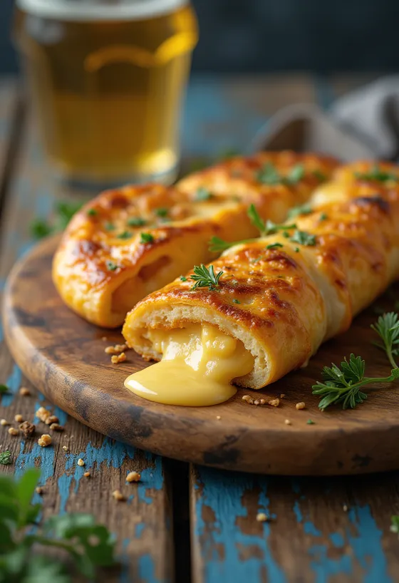 Stromboli serveret med røget ost, rig på røget ost på toppen, sprød udenpå og blød indeni.