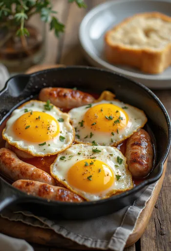 Stegt pølse serveret med spejlæg