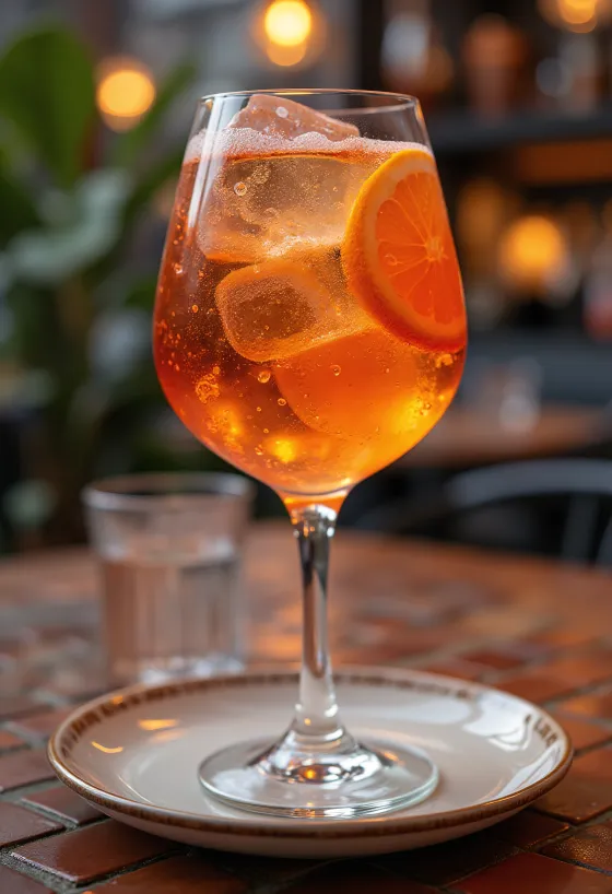Aperol Spritz pyntet med appelsinskive og isterning