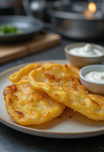 Gyldenbrun stegt kartoffel-lángos serveret med hvidløgs-creme fraiche og revet ost.
