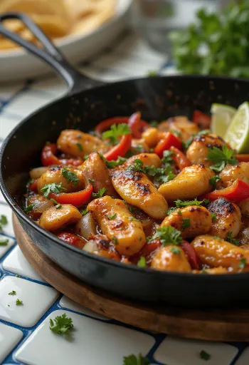 Fajitas med kylling serveret med lime og koriander