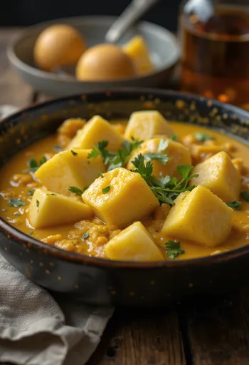 Pikant auberginecurry serveret