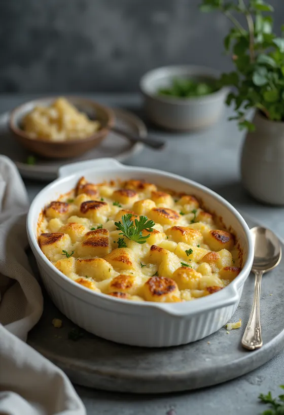 Kartoffelfad med hytteost og porrer drysset med frisk persille, med bagte gyldenbrune lag
