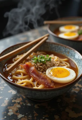 Ramenskål med stegt bacon, æg og forårsløg