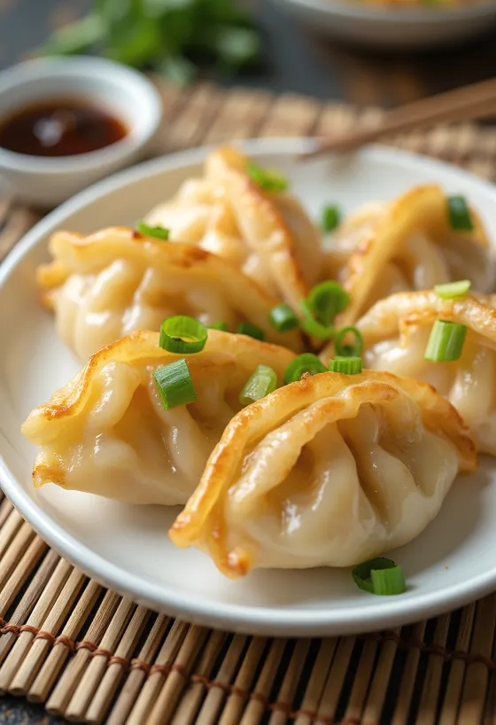 Shrimp Gyoza serveret med rejefyld og sojasauce-dip