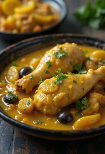 Tagine chicken with preserved lemons serveret i en traditionel tagine