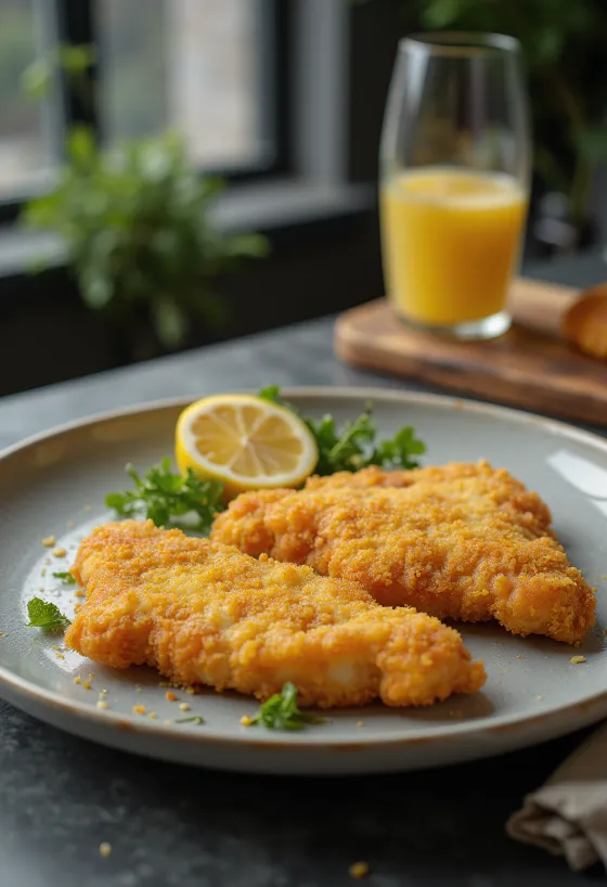 Sprød Wienerschnitzel serveret med citron og persillekartofler