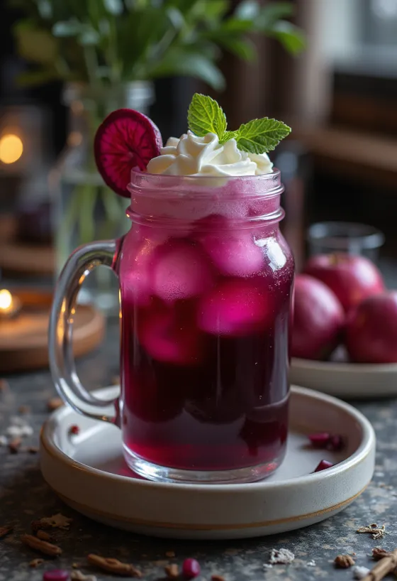 Rødbede-æble cider serveret i glas