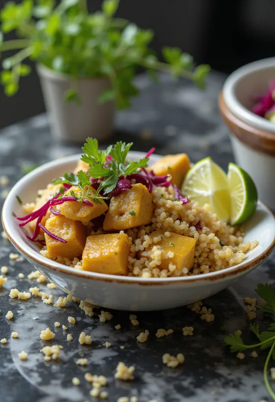Quinoa-curry med rødbede og limetofu serveret