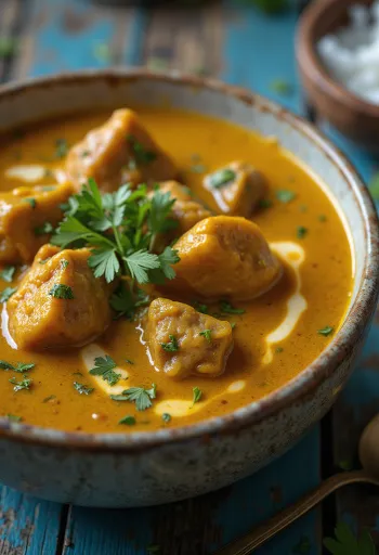 Oksekødscurry serveret med kokosmælk og krydderier