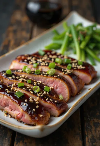 Teriyaki and, japansk inspireret andebryst med sauce og sesamfrø