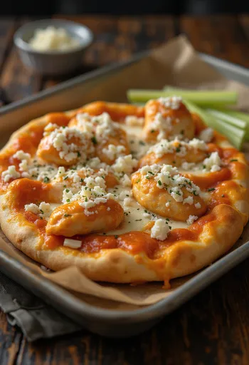 Buffalo chicken pizza med stærk kylling og blåskimmelost