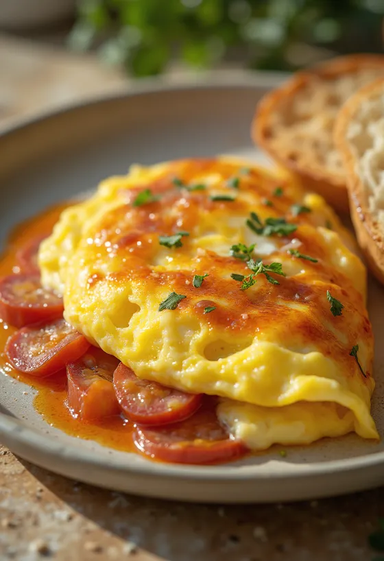 Chorizo-omelet serveret