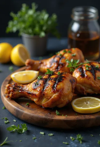 Grillet kyllingelår stegt gyldenbrunt, med sprødt skind og pyntet med friske krydderurter