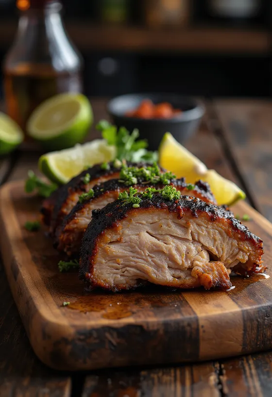 Jerk pork serveret med ris og ærter