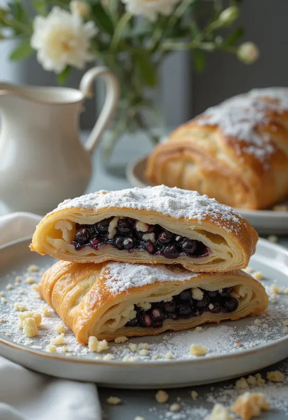 Friskbagt birkesstrudel med sprød dej, skåret i skiver og drysset med flormelis.