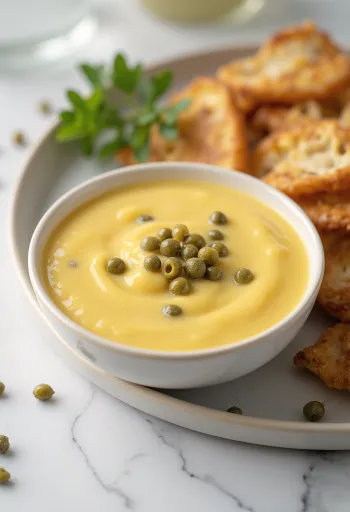 Honning-sennepssauce med kapers i en skål, pyntet med kapers og frisk persille.