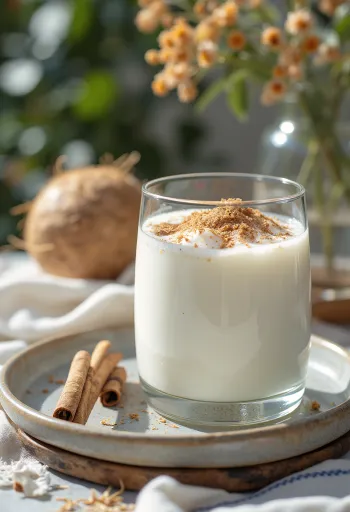 Kokos-kanel kefir i glas, lys cremet drik drysset med kokosmel og kanel