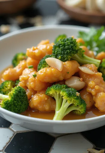 Tangsuyuk med broccoli med gyldenbrune kyllingestykker serveret med frisk broccoli