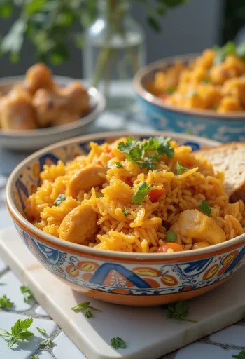 Jollof ris serveret med kylling