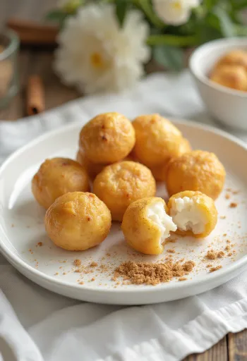 Kanchagolla kugler gyldenbrune, med friskbagt hytteost, kanelsmag, serveret på en tallerken