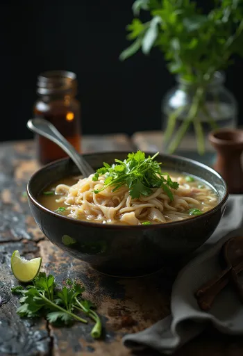 Pho med kallun og sener serveret i skål, risnudelsuppe med oksekallun, frisk koriander og limeskiver