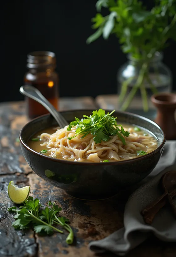 Pho med kallun og sener serveret i skål, risnudelsuppe med oksekallun, frisk koriander og limeskiver