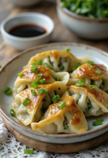 Spinach Gyoza serveret med spinatfyld og sojasauce-dip
