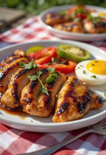 BBQ kyllingebryst med grillede grøntsager serveret