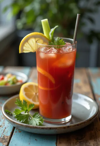 Bloody Mary cocktail pyntet med bladselleri og citronskive