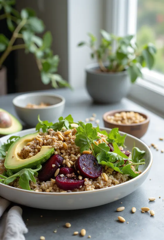 Rødbede og quinoa Buddha bowl med ristede kerner
