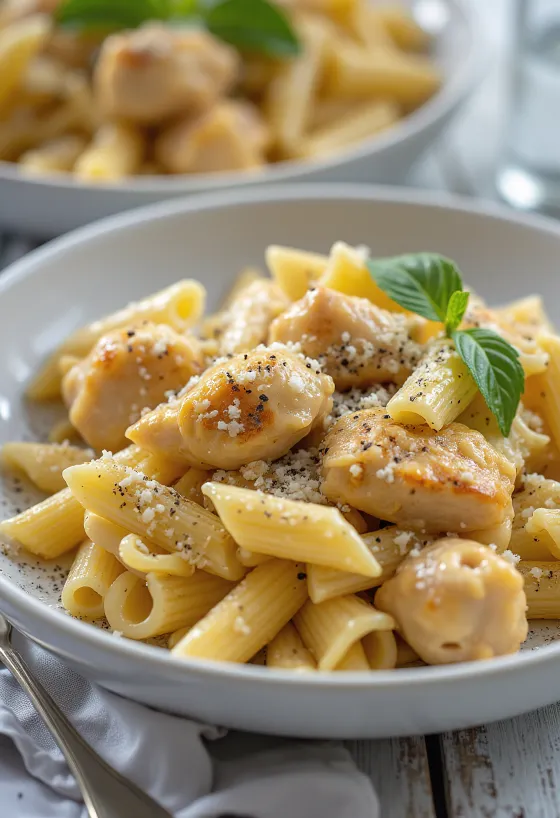 Kyllingepasta med cremet sauce og drysset med friske krydderurter