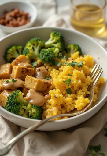 Karry-quinoa Buddha bowl med tahini-tofu serveret