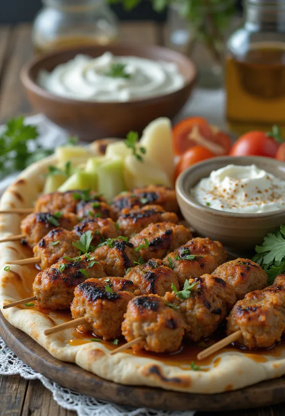 Kafta serveret med frisk pitabrød og salat