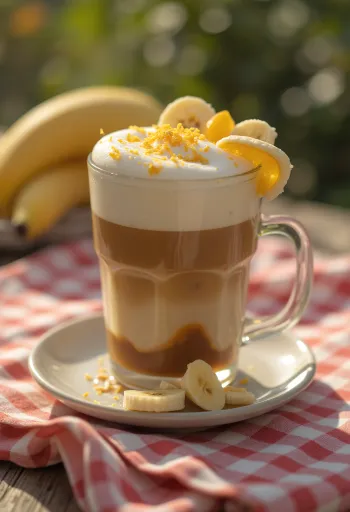 Appelsin-banan latte cremet kaffedrik pyntet med appelsinskal