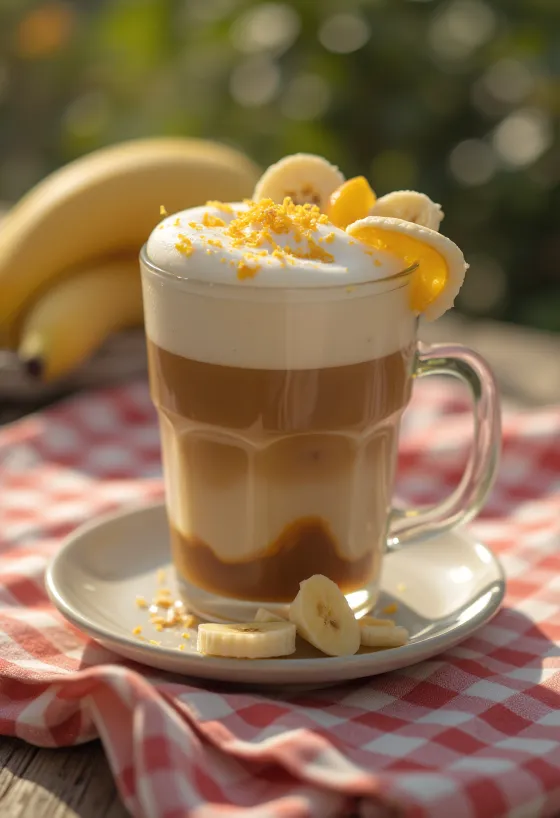 Appelsin-banan latte cremet kaffedrik pyntet med appelsinskal