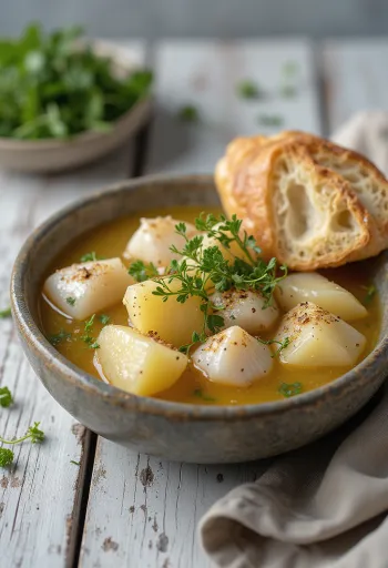 Psarosoupa med kartofler, rig fiskesuppe serveret med frisk olivenolie og citronsaft