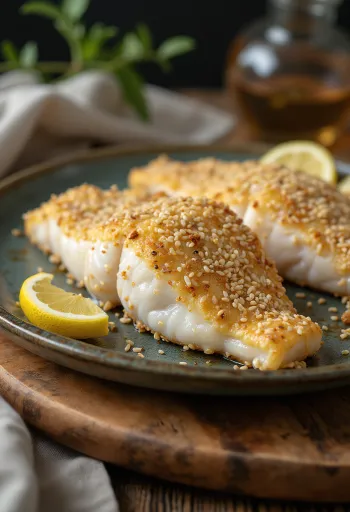 Tilkut drysset med sesamfrø serveret med gyldenbrune, sprøde fiskestykker
